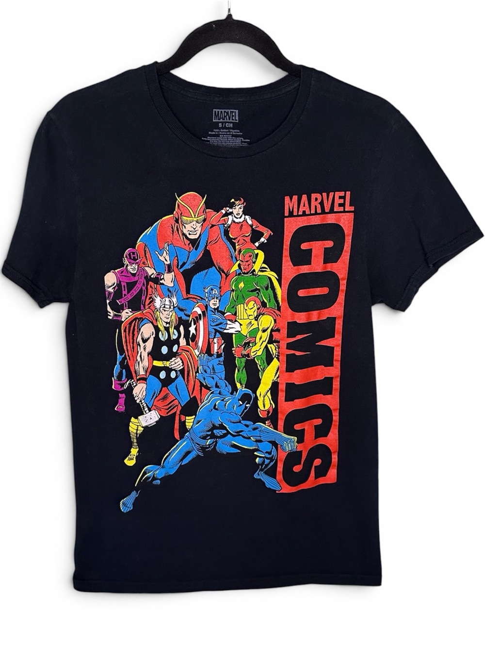 Marvel Black Tee with Vibrant Retro Superhero Graphic